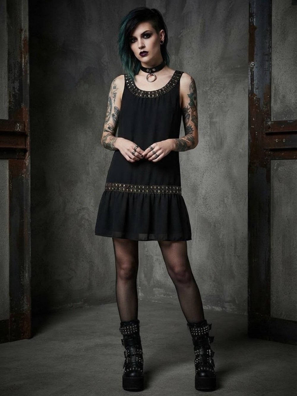 Embellished Stud Neckline Chiffon Shift Drop Waist Mini Dress⁠